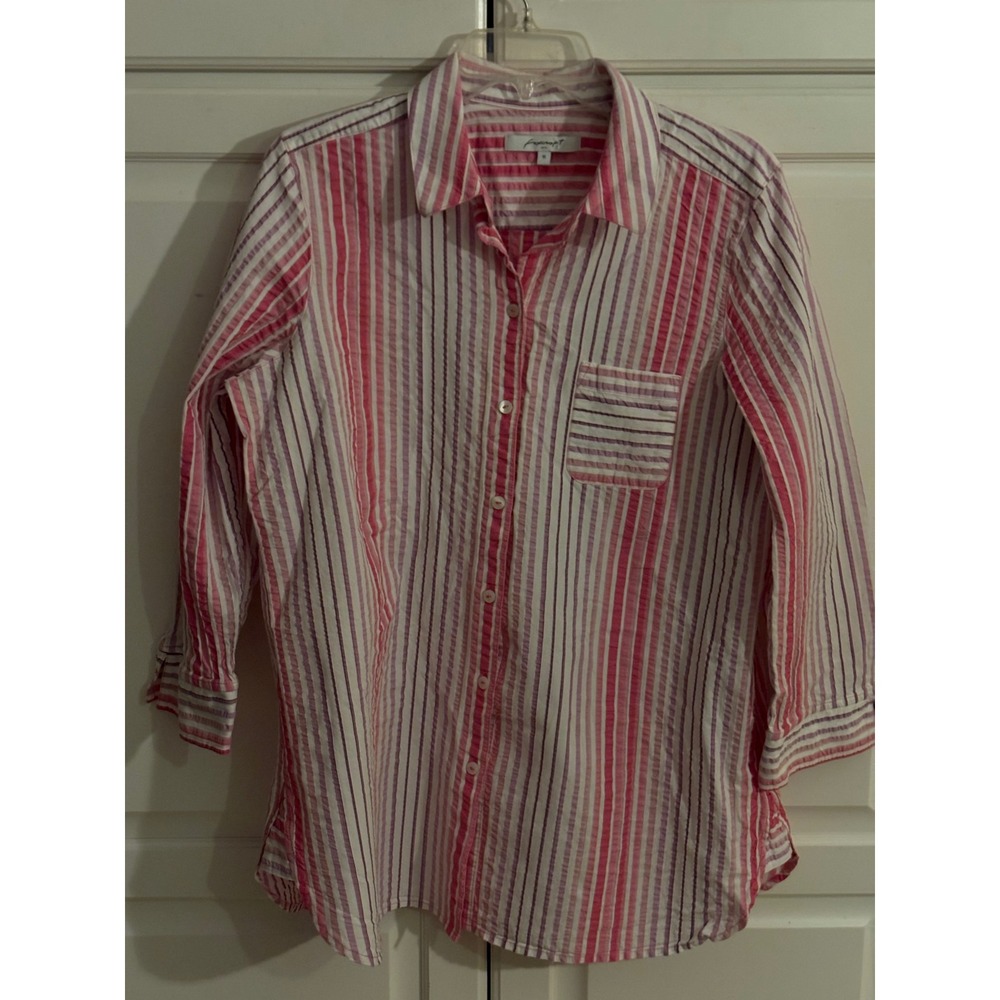 Foxcroft NYC Pink Purple Striped Cotton Puckered Button Down Shirt Womens 16